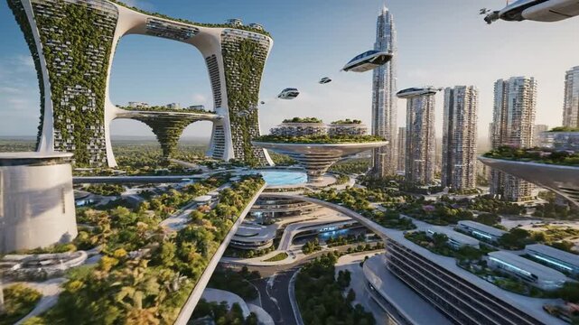 Futuristic cityscape with elevated greenery and flying vehicles over lush eco-friendly towers