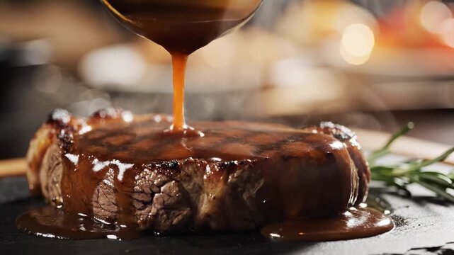 Juicy Grilled Steak Basted With Savory Brown Sauce in Soft Focus Dining Ambiance