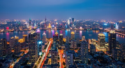 Fototapeta premium Shanghai skyline at night, illuminated buildings, Huangpu River, urban landscape, cityscape, China