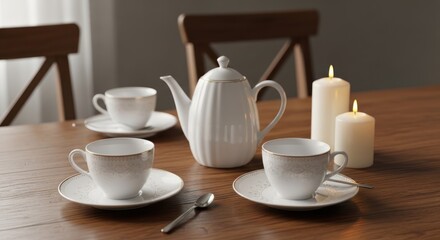 Fototapeta premium A serene tea setting with white porcelain teapot, cups, and saucers, candles, and a wooden table in a dimly lit room with soft lighting.