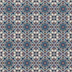 Seamless flat enamel ornamental tile pattern in teal navy and terracotta, square tile