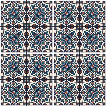 Seamless flat enamel ornamental tile pattern in teal navy and terracotta, square tile