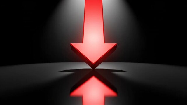 Dramatic Red Arrow Points Downward In Spotlight With Dark Background And Reflection