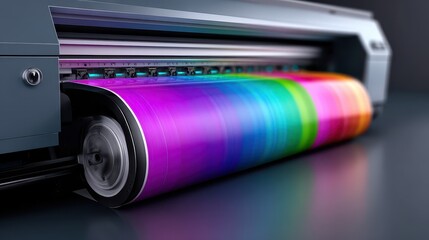 Obraz premium High-Resolution Digital Printing Machine with Vibrant Color Roll in Focus and Modern Industrial Design