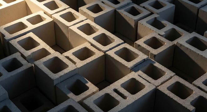 Rows of concrete blocks are stacked on top of each other in a neat arrangement on a surface.