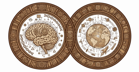 Fototapeta premium Illustration of brain and earth symbols in circular frames with intricate designs concept 3 (1).eps