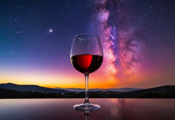 Mystical landscape of a red wine glass against a starry sky and Milky Way