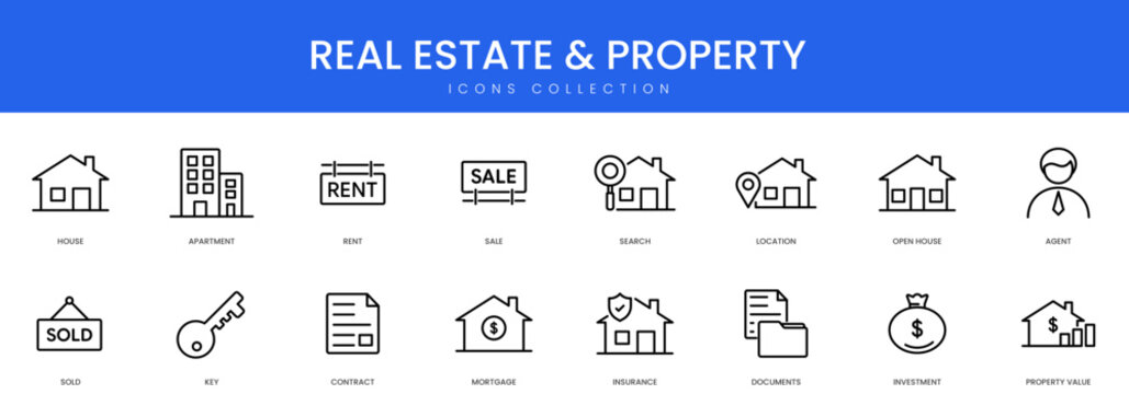 A complete set of outline icons for the real estate market including housing sales rentals and property investment