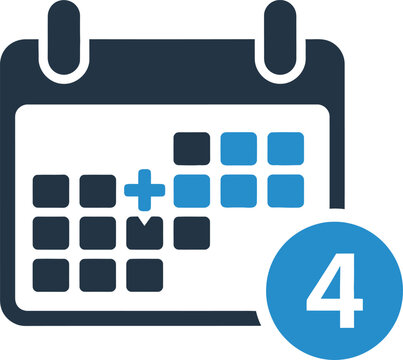 Calendar with blue accent and plus sign highlighting the fourth day of the month dark