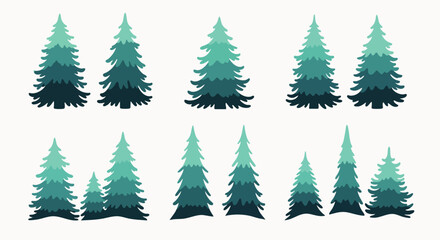 Obraz premium Collection of stylized evergreen pine and fir trees in various shades of green, perfect for winter, nature, forest, or holiday designs and illustrations.