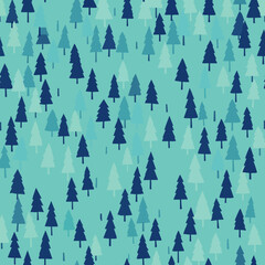 Obraz premium Seamless pattern of stylized pine trees in various shades of blue and green on a teal background, vector illustration