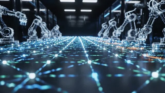 Futuristic factory floor with glowing data network and robotic arms in operation