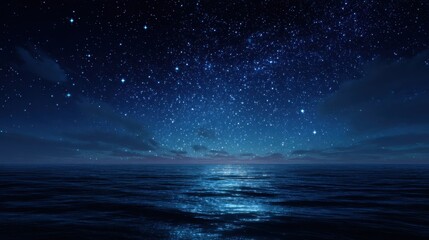 Starry night sky with Milky Way and bright moon reflecting on calm ocean waves, serene seascape and astronomy concept.