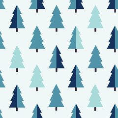 Fototapeta premium Seamless pattern of stylized blue Christmas trees on a light background, winter holiday vector illustration