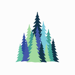 Fototapeta premium Stylized pine trees illustration in shades of blue and green, forming a minimalist forest cluster. Modern graphic design for nature concepts, winter, and holidays.