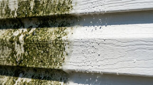 Soft washing green algae off white vinyl house siding