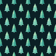Fototapeta premium Modern seamless pattern with minimalist green Christmas trees on a dark background, perfect for winter holiday designs, festive decor, digital papers, and textiles.