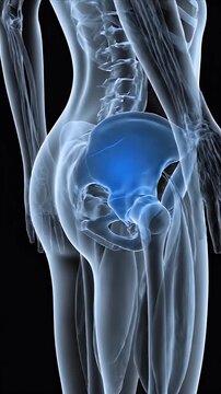 Detailed 3D CGI Medical Animation of the Human Pelvis and Hip Anatomy with Blue Highlighted Joints Against a Dark Background for Healthcare Education
