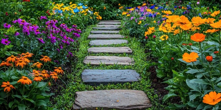 A garden path lined with stepping stones, surrounded by a vibrant array of colorful flowers, leading towards a lush green lawn.