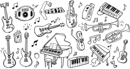Detailed hand-drawn musical instruments vector set: guitars, piano, trumpet, cello, headphones, and music notes for creative designs. © arulumia