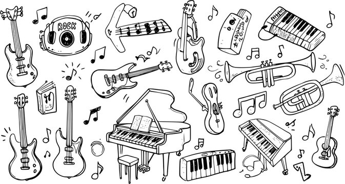 Detailed hand-drawn musical instruments vector set: guitars, piano, trumpet, cello, headphones, and music notes for creative designs.