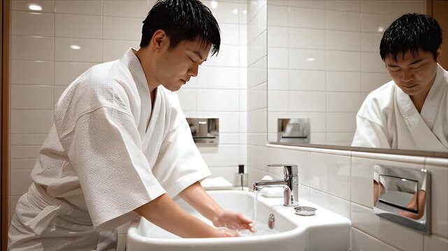 Japanese man in white robe washes face at compact sink in capsule hotel bathroom with clean white tile walls soft