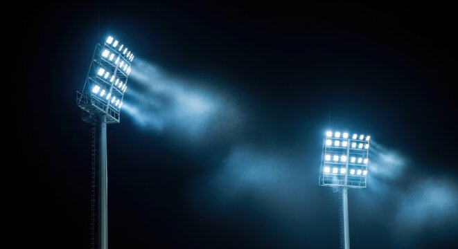 Stadium Floodlights Illuminating Night Sky with Light Beams and Fog