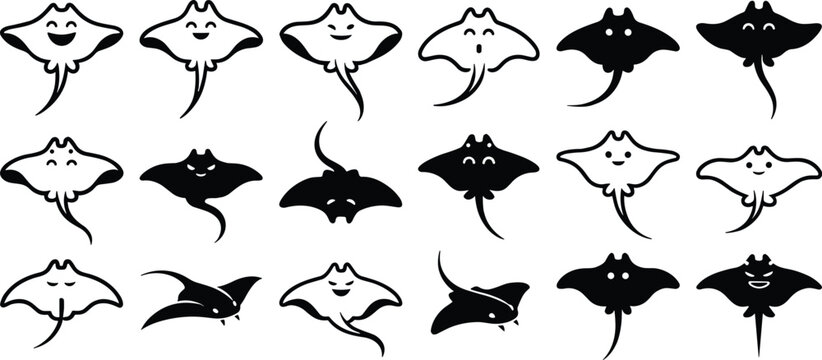 Cute stingray silhouette collection with smiling cartoon faces, black and white manta ray vector set isolated on white background for logo, mascot, clipart design.
