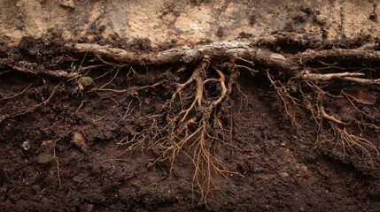 Close up of strong tree roots spreading through rich brown soil, nature growth and foundation concept.
