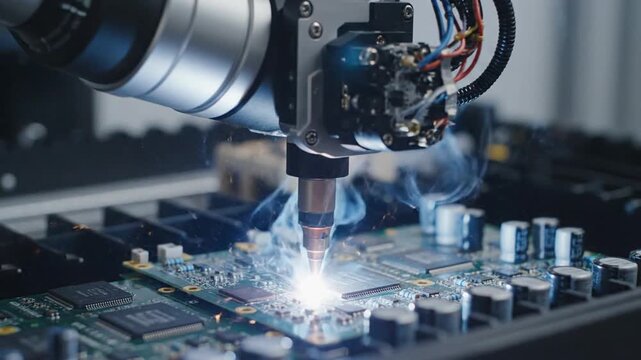 Futuristic factory robot soldering electronic circuit board with precision micro-welding