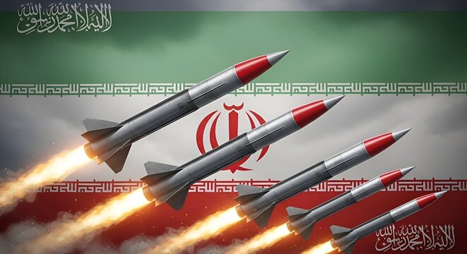 Air defense missiles in Iran. Warheads fly in cloudy sky. Political flag of Iran. Missiles to protect country airspace. Ballistic weapons made in Iran. Cruise missiles with nuclear warhead. 