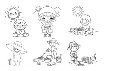 Obraz premium Summer Theme Kids Coloring Pages Set with Beach and Ice Cream Scenes 