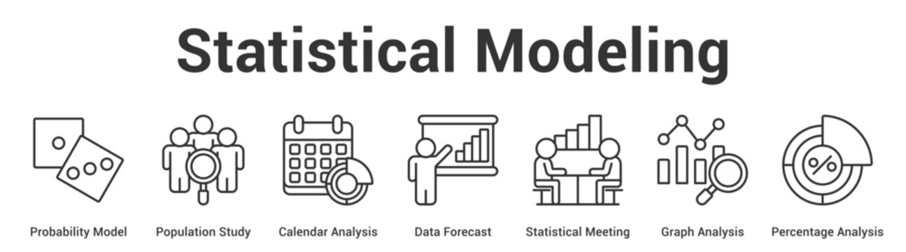 Statistical Modeling web banner icon set vector illustration concept for business with icon of Probability Model, Population Study, Calendar Analysis, Data Forecast, Statistical Meeting, Graph Analys.