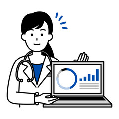 ノートパソコンの画面でグラフを見せる医師の女性