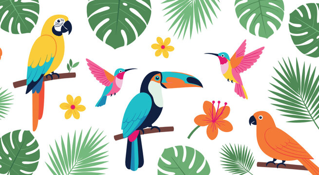 Colorful tropical birds and jungle leaves vector illustration set with toucan, parrot, macaw and hummingbird in flat cartoon style