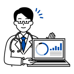 ノートパソコンの画面でグラフを見せる医師の男性