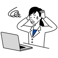 ノートパソコンでの仕事でトラブルになる医師の女性