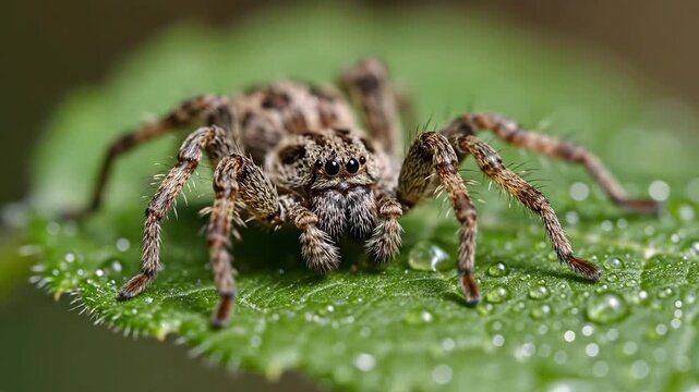 Extreme closeup macro shot of a detailed wolf spider with intricate patterns on its body resting on a vibrant green leaf covered in morning dew drops.