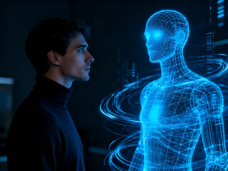 A man interacts with a glowing blue holographic digital human figure, representing advanced AI technology and future human-computer interfaces.