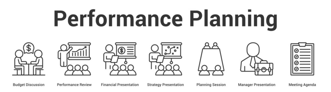 Performance Planning web banner icon set vector illustration concept for business with icon of Budget Discussion, Performance Review, Financial Presentation, Strategy Presentation, Planning Sessi.