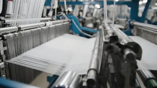 Automated textile manufacturing process with a modern industrial loom weaving fabric in a factory setting showcasing the intricate machinery and production line in action.