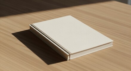 Fototapeta premium Close up of a closed book on a wooden surface with soft sunlight