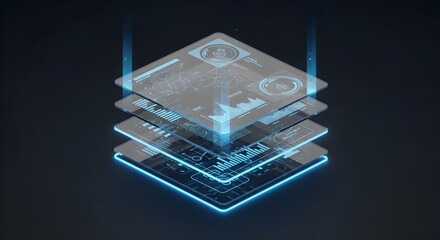 Fototapeta premium Isometric view of a stacked glass layer interface, holographic projection, UI UX design concept