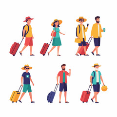 Fototapeta premium Diverse group of happy travelers and tourists with luggage, ready for summer vacations and adventures. Flat illustration.