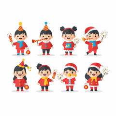 Group of happy cartoon children in festive red outfits celebrating holidays, holding fireworks, party blowers, and lanterns, perfect for New Year, Christmas, and birthday events.