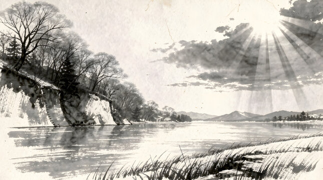 Beautiful winter river landscape with morning sunlight, Japanese ink wash painting style.