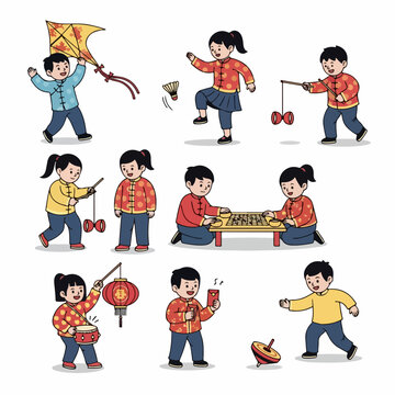 Joyful cartoon Chinese kids playing traditional games and engaging in cultural activities like kite flying, diabolo, and chess.