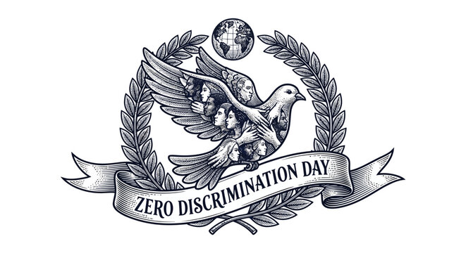 Dove and globe emblem surrounded by laurel wreath symbolizing zero discrimination day with ribbon banner