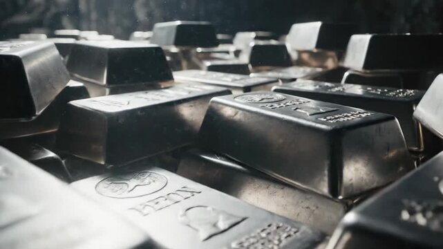 Abundant Shiny Silver Bullion Bars Stacked in Dark Cavern Illuminated by Dramatic Spotlight Glow