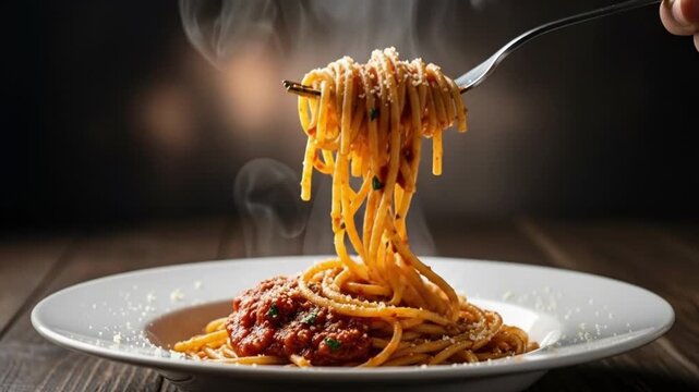 A plate of spaghetti with tomato sauce being lifted with a fork